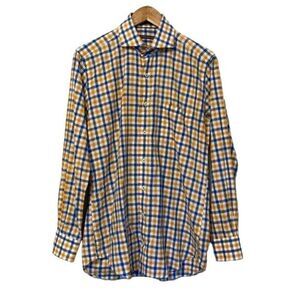 Peter Millar Medium Long Sleeve Cotton Orange & Blue Plaid Dress Shirt Button